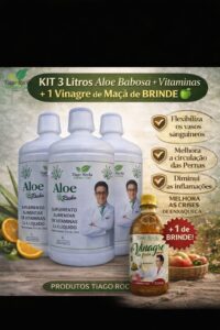 Kit3L Suco Gel Babosa Aloe Vera Tiago Rocha 3Litros de 1L + 1 Vinagre terapêutico maça orgânico Tiago Rocha 530ml de BRINDE