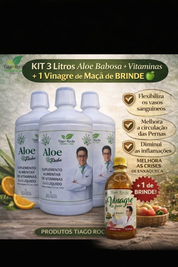 Kit3L Suco Gel Babosa Aloe Vera Tiago Rocha 3Litros de 1L + 1 Vinagre terapêutico maça orgânico Tiago Rocha 530ml de BRINDE
