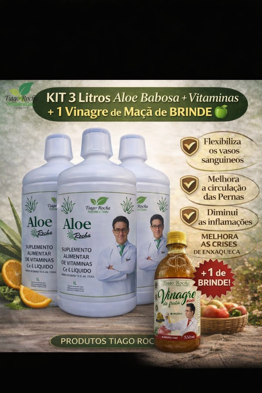Kit3L Suco Gel Babosa Aloe Vera Tiago Rocha 3Litros de 1L + 1 Vinagre terapêutico maça orgânico Tiago Rocha 530ml de BRINDE